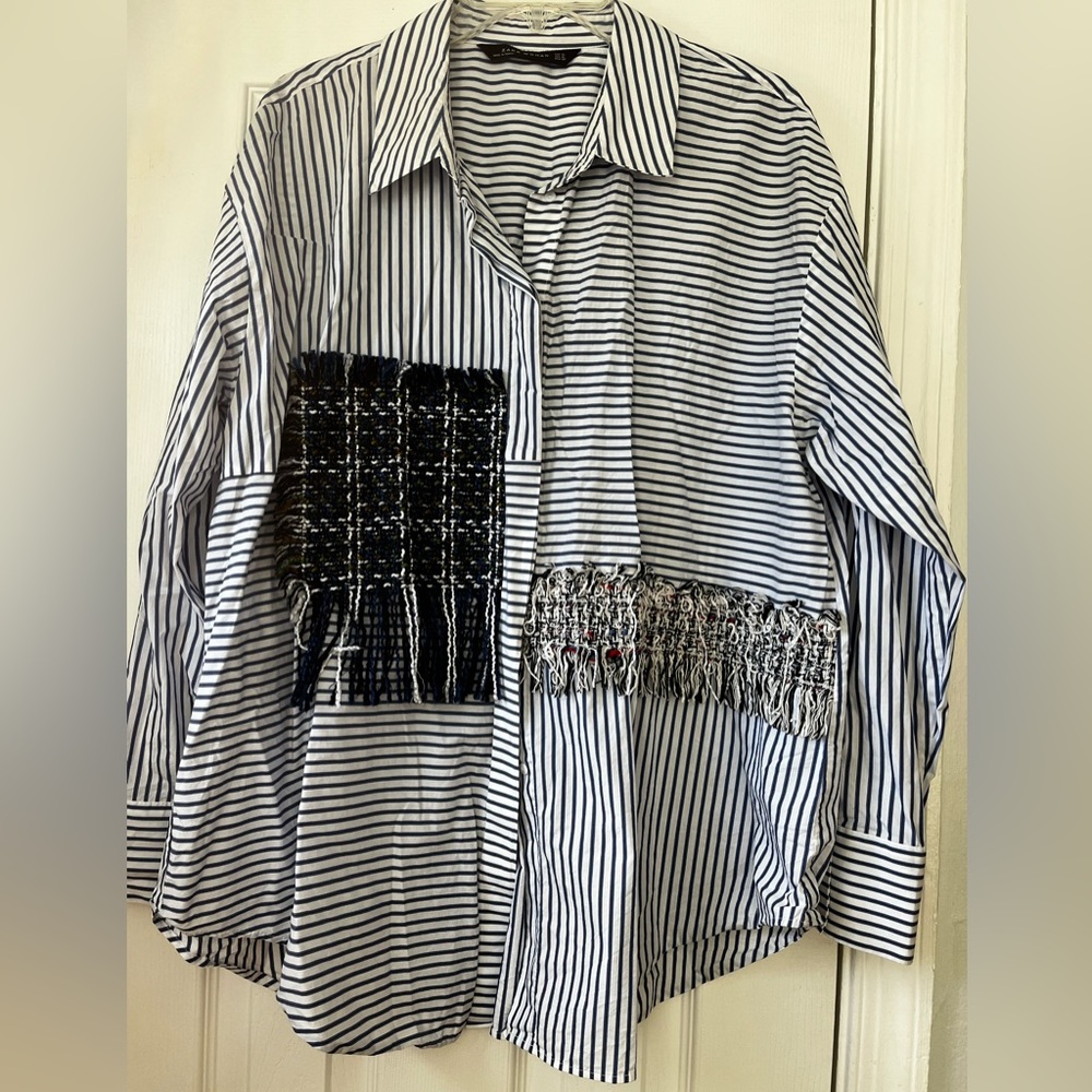 Zara Women White/Blue Stripes Button-up Shirt with tweed patches, size XL